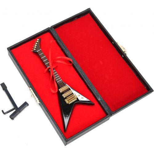  Pssopp Wooden Miniature Electric Guitar Mini Musical Instrument Miniature Dollhouse Guitar Model with Stand and Case for Dollhouse Decoration Accessories