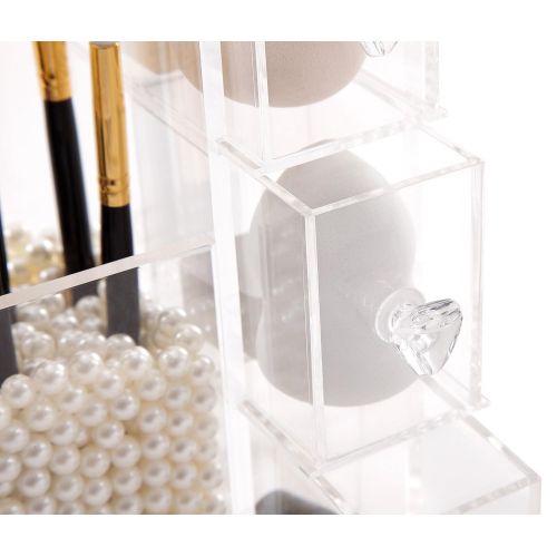  PuTwo Makeup Organizer With 2 Make Up Brush Holders and 3 Drawers All In One Case with Free White Pearl