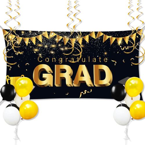  PuTwo 20 PCS Graduation Decorations Party Supplies 2022, Large Congrats Grad Banners Graduation Backdrop+Graduation Balloons+Hanging Swirls+Ribbon, Graduation Balloons 2022, Congrats Gra