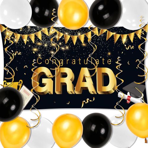  PuTwo 20 PCS Graduation Decorations Party Supplies 2022, Large Congrats Grad Banners Graduation Backdrop+Graduation Balloons+Hanging Swirls+Ribbon, Graduation Balloons 2022, Congrats Gra