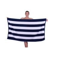 Puffy Cotton Luxury Cabana Striped Velour Resort Round Beach Towel - Navy Blue