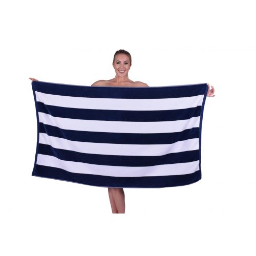  Puffy Cotton Luxury Cabana Striped Velour Resort Round Beach Towel - Navy Blue