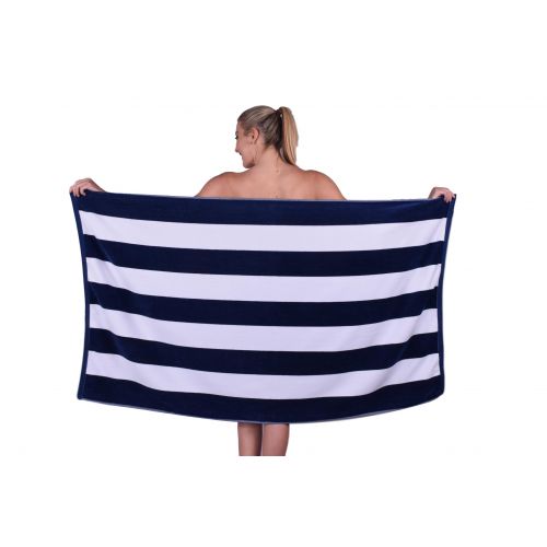  Puffy Cotton Luxury Cabana Striped Velour Resort Round Beach Towel - Navy Blue