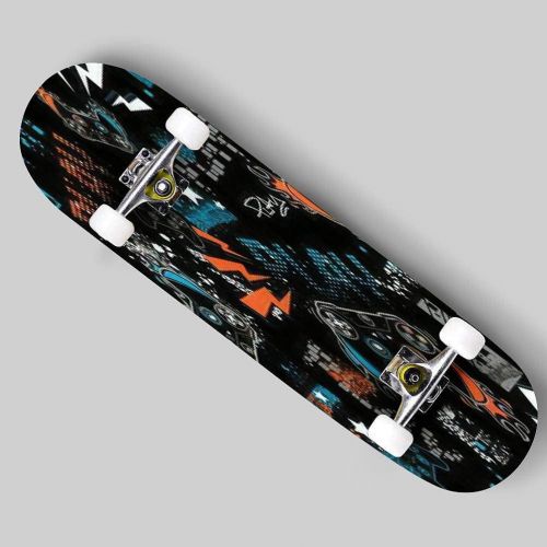  Puiuoo Graffiti Seamless Pattern with Joystick Sign Gamer Elements for boy t Skateboard for Beginners Standard Skateboard for Adults Youth Kids Maple Double Kick Concave Boards Complete S