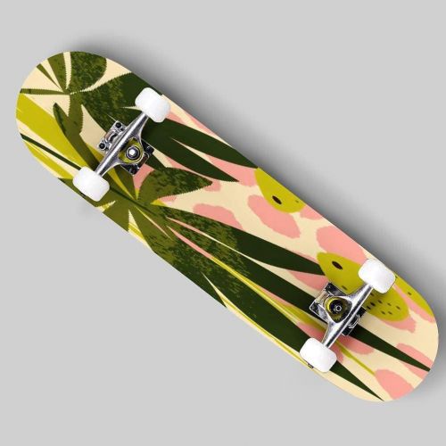  Puiuoo Abstract Floral Collage Background Exotic Illustration in Pink Skateboard for Beginners Standard Skateboard for Adults Youth Kids Maple Double Kick Concave Boards Complete Skateboa