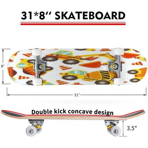  Puiuoo Seamless Pattern of Cute Construction Equipment for Different Purposes Skateboard for Beginners Standard Skateboard for Adults Youth Kids Maple Double Kick Concave Boards Complete