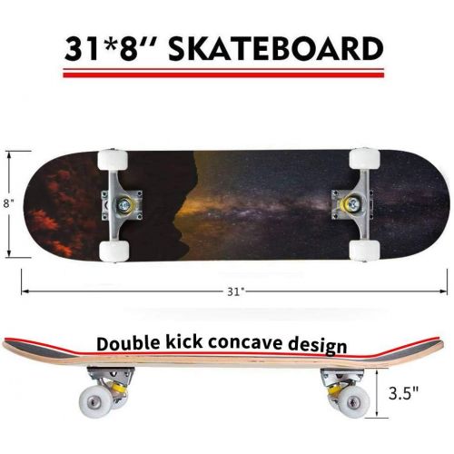  puiuoo Earth and Moon Skateboard for Beginners Standard Skateboard for Adults Youth Kids Maple Double Kick Concave Boards Complete Skateboard 31x8