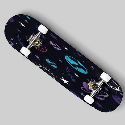  Puiuoo Space Seamless Pattern with Spaceship and Stars Skateboard for Beginners Standard Skateboard for Adults Youth Kids Maple Double Kick Concave Boards Complete Skateboard 31x8