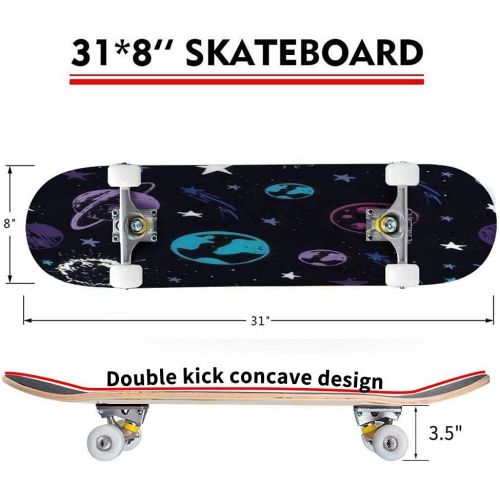  Puiuoo Space Seamless Pattern with Spaceship and Stars Skateboard for Beginners Standard Skateboard for Adults Youth Kids Maple Double Kick Concave Boards Complete Skateboard 31x8