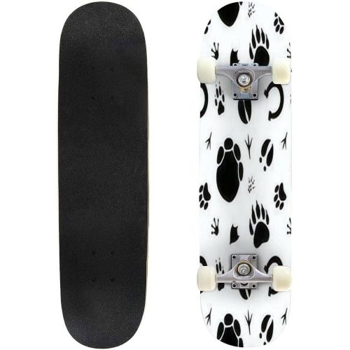  Puiuoo Seamless Pattern of Hand Drawn Different Animals Paws Footprint Skateboard for Beginners Standard Skateboard for Adults Youth Kids Maple Double Kick Concave Boards Complete Skatebo