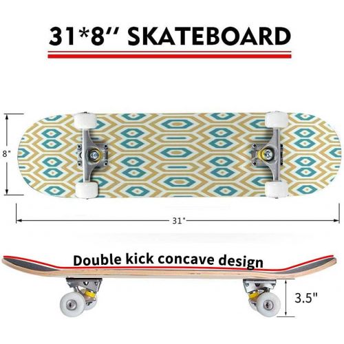  Puiuoo Pastel Blue Fabric Ikat Diamond Seamless Pattern Background Skateboard for Beginners Standard Skateboard for Adults Youth Kids Maple Double Kick Concave Boards Complete Skateboard