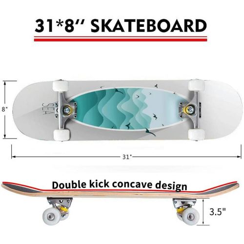  Puiuoo Sea icon Waves and Seagulls Illustration Stock Illustration Skateboard for Beginners Standard Skateboard for Adults Youth Kids Maple Double Kick Concave Boards Complete Skateboard