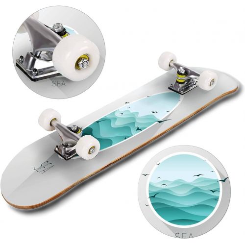  Puiuoo Sea icon Waves and Seagulls Illustration Stock Illustration Skateboard for Beginners Standard Skateboard for Adults Youth Kids Maple Double Kick Concave Boards Complete Skateboard