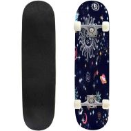 Puiuoo Colorful Outer Space Seamless Pattern Skateboard for Beginners Standard Skateboard for Adults Youth Kids Maple Double Kick Concave Boards Complete Skateboard 31x8