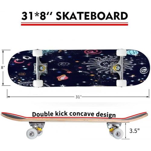  Puiuoo Colorful Outer Space Seamless Pattern Skateboard for Beginners Standard Skateboard for Adults Youth Kids Maple Double Kick Concave Boards Complete Skateboard 31x8