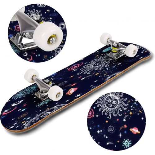  Puiuoo Colorful Outer Space Seamless Pattern Skateboard for Beginners Standard Skateboard for Adults Youth Kids Maple Double Kick Concave Boards Complete Skateboard 31x8
