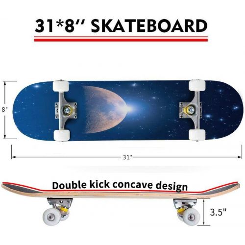  puiuoo Golden Stars on Black Background Skateboard for Beginners Standard Skateboard for Adults Youth Kids Maple Double Kick Concave Boards Complete Skateboard 31x8