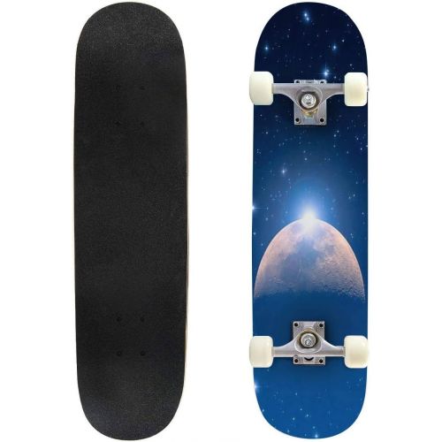  puiuoo Golden Stars on Black Background Skateboard for Beginners Standard Skateboard for Adults Youth Kids Maple Double Kick Concave Boards Complete Skateboard 31x8