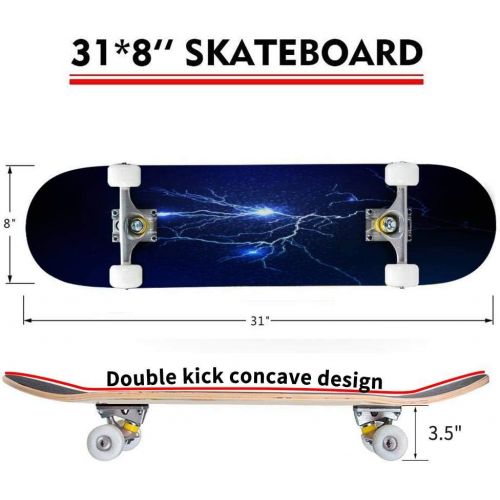  puiuoo Thunderstorm and lightnings Stock Illustration Skateboard for Beginners Standard Skateboard for Adults Youth Kids Maple Double Kick Concave Boards Complete Skateboard 31x8