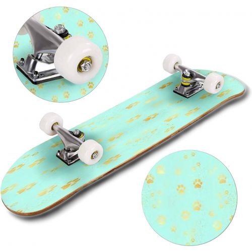  Puiuoo Gold Paw Print Seamless Pattern Seamless Pattern of Animal Gold Skateboard for Beginners Standard Skateboard for Adults Youth Kids Maple Double Kick Concave Boards Complete Skatebo