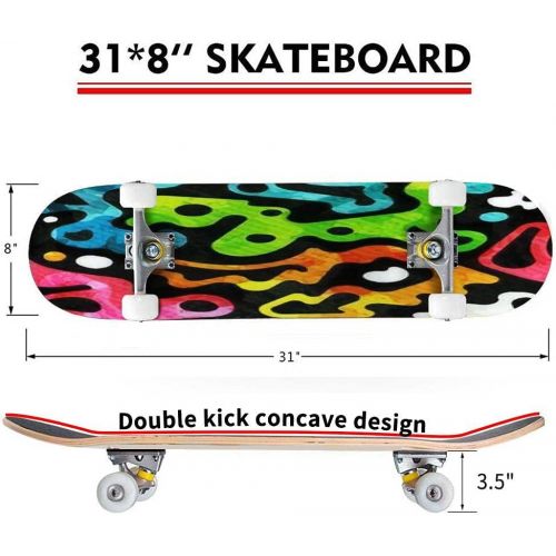 Puiuoo Graffiti Geometric Seamless Pattern Skateboard for Beginners Standard Skateboard for Adults Youth Kids Maple Double Kick Concave Boards Complete Skateboard 31x8