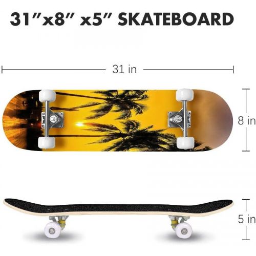  Puiuoo Cool Skateboard for Girls Boys Teens Beginners Tropical Beach at Sunset Maple Standard Complete Skateboards for Adults Youth Kids Outdoor Stuff Gifts
