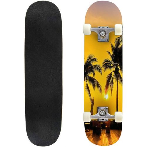  Puiuoo Cool Skateboard for Girls Boys Teens Beginners Tropical Beach at Sunset Maple Standard Complete Skateboards for Adults Youth Kids Outdoor Stuff Gifts