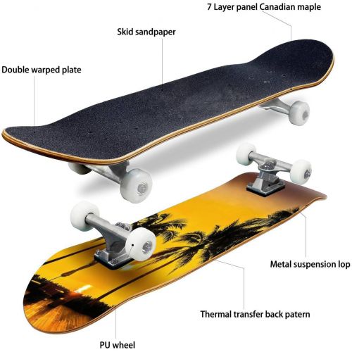  Puiuoo Cool Skateboard for Girls Boys Teens Beginners Tropical Beach at Sunset Maple Standard Complete Skateboards for Adults Youth Kids Outdoor Stuff Gifts