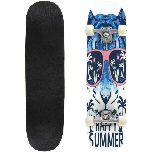  Puiuoo Fierce Slogan with Tiger Head Graphic Illustration Skateboard for Beginners Standard Skateboard for Adults Youth Kids Maple Double Kick Concave Boards Complete Skateboard 31x8