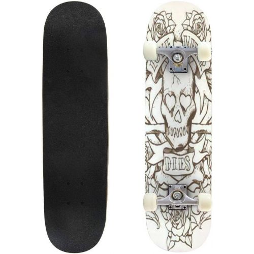  Puiuoo Design with a Human Skull and red Roses Isolated on White Cool Skateboard for Teens Boys Girls Beginners Standard Skateboard for Adults Youth Kids Maple Complete Skateboard Outdoor