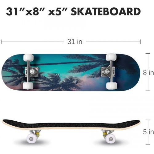  Puiuoo Cool Skateboard for Girls Boys Teens Beginners Purple Orange Sunset Sky with Palm Trees Maple Standard Complete Skateboards for Adults Youth Kids Outdoor Stuff Gifts