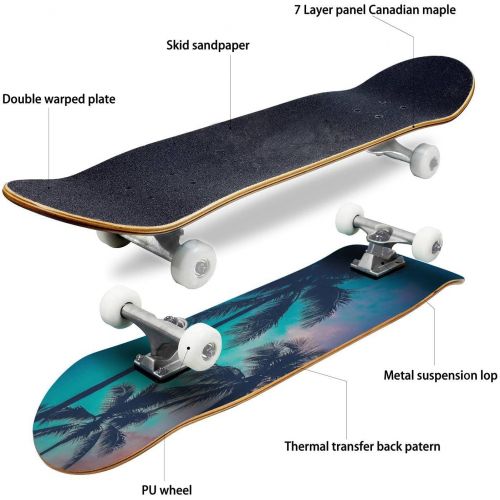  Puiuoo Cool Skateboard for Girls Boys Teens Beginners Purple Orange Sunset Sky with Palm Trees Maple Standard Complete Skateboards for Adults Youth Kids Outdoor Stuff Gifts