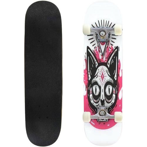  Puiuoo Occult cat Skull with an Eye of Providence and fire Cute Skateboard for Beginners Standard Skateboard for Adults Youth Kids Maple Double Kick Concave Boards Complete Skateboard 31x