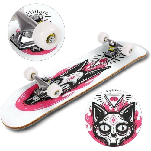  Puiuoo Occult cat Skull with an Eye of Providence and fire Cute Skateboard for Beginners Standard Skateboard for Adults Youth Kids Maple Double Kick Concave Boards Complete Skateboard 31x