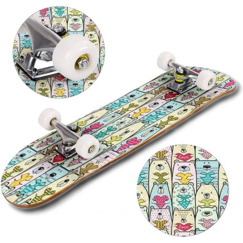  Puiuoo Bears with Hearts Seamless Pattern Skateboard for Beginners Standard Skateboard for Adults Youth Kids Maple Double Kick Concave Boards Complete Skateboard 31x8