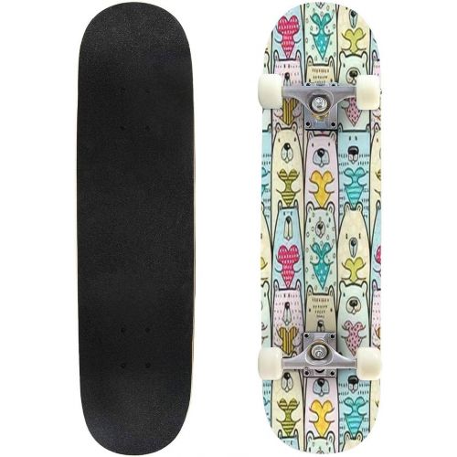  Puiuoo Bears with Hearts Seamless Pattern Skateboard for Beginners Standard Skateboard for Adults Youth Kids Maple Double Kick Concave Boards Complete Skateboard 31x8