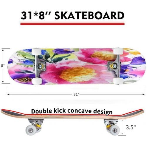  Puiuoo Romantic Flower Seamless Retro Floral Skateboard for Teens Boys Girls Beginners Cool Standard Skateboards Adults Youth Kids Maple Complete Outdoor Gifts