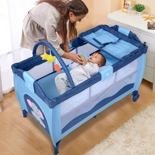  Pukk New Blue Baby Crib Playpen Playard Pack Travel Infant Bassinet Bed Foldable