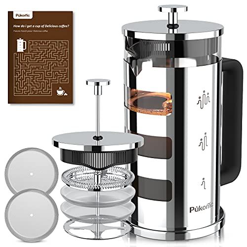  [아마존베스트]Pukomc French Press Coffee Maker 34 oz,Tea Maker with 4 Level Filtration System Heat Resistant Removable Borosilicate Glass 304 Grade Stainless Steel Stylish Durable