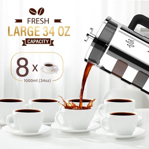  [아마존베스트]Pukomc French Press Coffee Maker 34 oz,Tea Maker with 4 Level Filtration System Heat Resistant Removable Borosilicate Glass 304 Grade Stainless Steel Stylish Durable