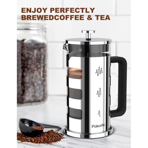  [아마존베스트]Pukomc French Press Coffee Maker 34 oz,Tea Maker with 4 Level Filtration System Heat Resistant Removable Borosilicate Glass 304 Grade Stainless Steel Stylish Durable