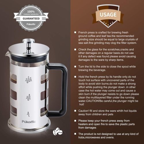  [아마존베스트]Pukomc French Press Coffee Maker 34 oz,Tea Maker with 4 Level Filtration System Heat Resistant Removable Borosilicate Glass 304 Grade Stainless Steel Stylish Durable