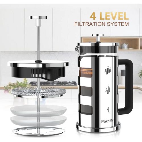  [아마존베스트]Pukomc French Press Coffee Maker 34 oz,Tea Maker with 4 Level Filtration System Heat Resistant Removable Borosilicate Glass 304 Grade Stainless Steel Stylish Durable