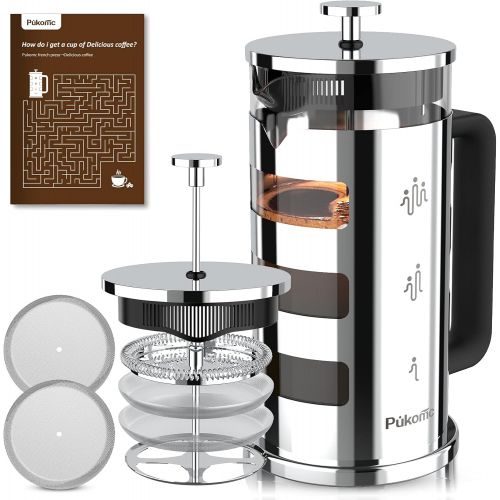  [아마존베스트]Pukomc French Press Coffee Maker 34 oz,Tea Maker with 4 Level Filtration System Heat Resistant Removable Borosilicate Glass 304 Grade Stainless Steel Stylish Durable