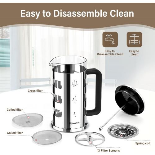  [아마존베스트]Pukomc French Press Coffee Maker 34 oz,Tea Maker with 4 Level Filtration System Heat Resistant Removable Borosilicate Glass 304 Grade Stainless Steel Stylish Durable