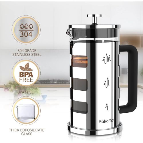  [아마존베스트]Pukomc French Press Coffee Maker 34 oz,Tea Maker with 4 Level Filtration System Heat Resistant Removable Borosilicate Glass 304 Grade Stainless Steel Stylish Durable