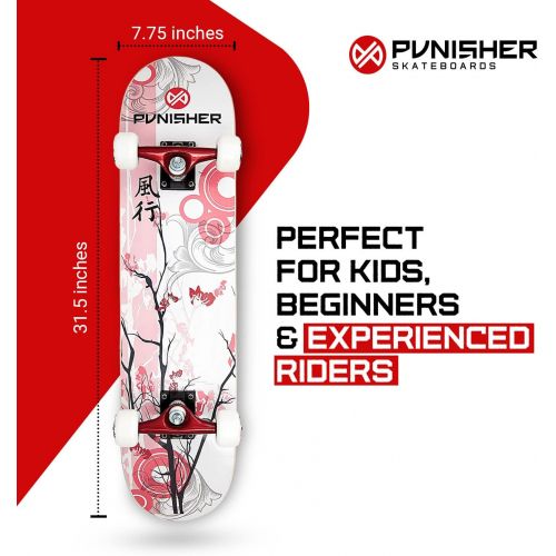  Punisher Skateboards Punisher Girls Skateboard Complete with 31.5 x 7.75 Double Kick Concave Deck Canadian Maple ABEC-7 Bearings