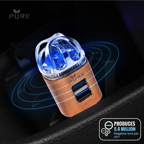  Pure Car Air Purifier 3in1 Premium Stainless Steel Air Filter Ionizer w/Dual USB Quick Charge 3.0 USB-Eliminate Allergens Odor Smell, Smoke, Pets, Pollen Mold Bacteria w/Anti-Microbial