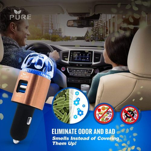  Pure Car Air Purifier 3in1 Premium Stainless Steel Air Filter Ionizer w/Dual USB Quick Charge 3.0 USB-Eliminate Allergens Odor Smell, Smoke, Pets, Pollen Mold Bacteria w/Anti-Microbial