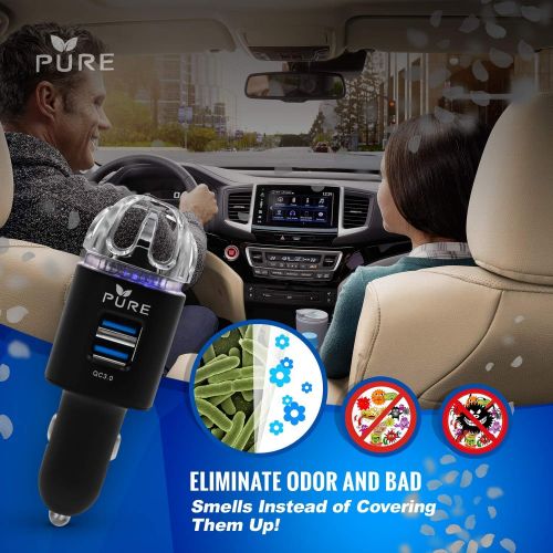  Pure Car Air Purifier Premium Air Ionizer & Car Charger Accessory w/ Dual USB Ports - Quick Charge 3.0 - Eliminate Allergens Bad Odor Pet Smell Smoke Pollen Mold Bacteria Viruses PM2.5